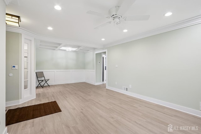 101 Country Club Dr Unit 6, Union Twp, NJ 07083 - below grade area with a ceiling fan, wood finished floors, recessed lighting, a wainscoted wall, and ornamental molding