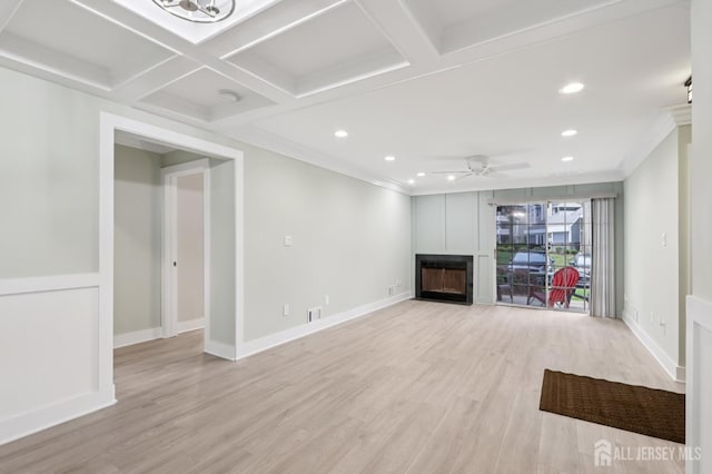 101 Country Club Dr Unit 6, Union Twp, NJ 07083 - unfurnished living room featuring a fireplace, ornamental molding, light wood-style flooring, a ceiling fan, and recessed lighting