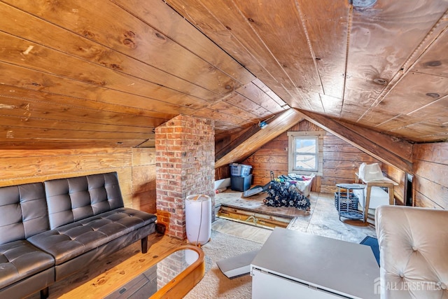 interior space featuring vaulted ceiling, wooden ceiling, and wood walls