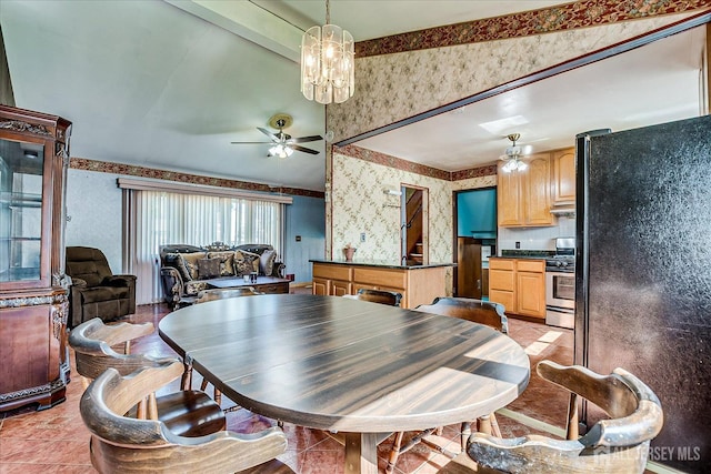 14 Mcginnis Rd, Edison, NJ 08817 - dining room with wallpapered walls, a ceiling fan, and light tile patterned floors