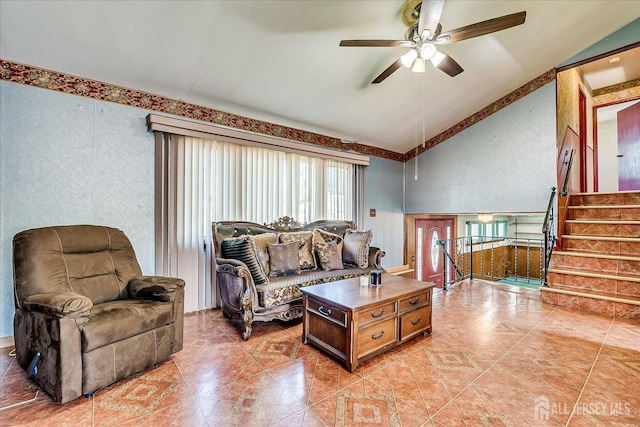 14 Mcginnis Rd, Edison, NJ 08817 - living area featuring ceiling fan, lofted ceiling, light tile patterned flooring, and stairway