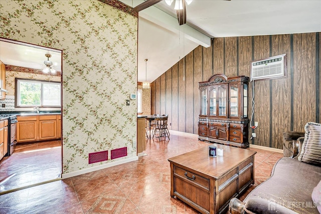 14 Mcginnis Rd, Edison, NJ 08817 - living room featuring light tile patterned flooring, a ceiling fan, wallpapered walls, and a wall mounted AC