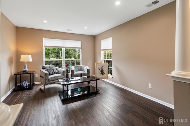 living room featuring ornate columns and dark hardwood / wood-style floors