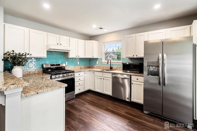 kitchen featuring kitchen peninsula, appliances with stainless steel finishes, light stone counters, sink, and white cabinets