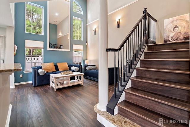 living room featuring dark hardwood / wood-style floors, plenty of natural light, and a high ceiling