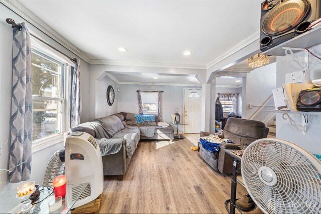 living room featuring ornamental molding and light hardwood / wood-style flooring