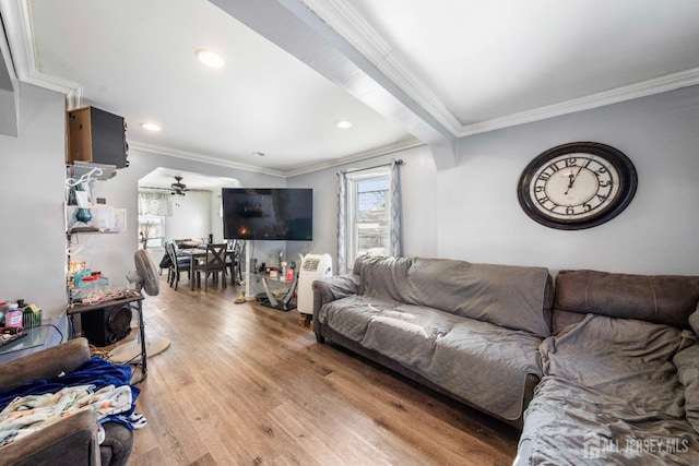 living room featuring ornamental molding and hardwood / wood-style floors