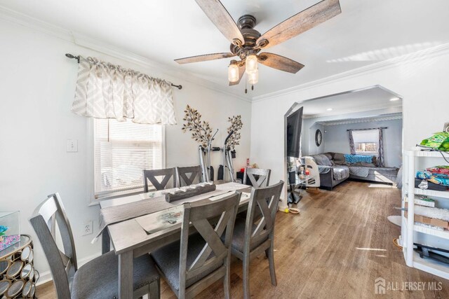 dining area featuring crown molding, wood-type flooring, and ceiling fan