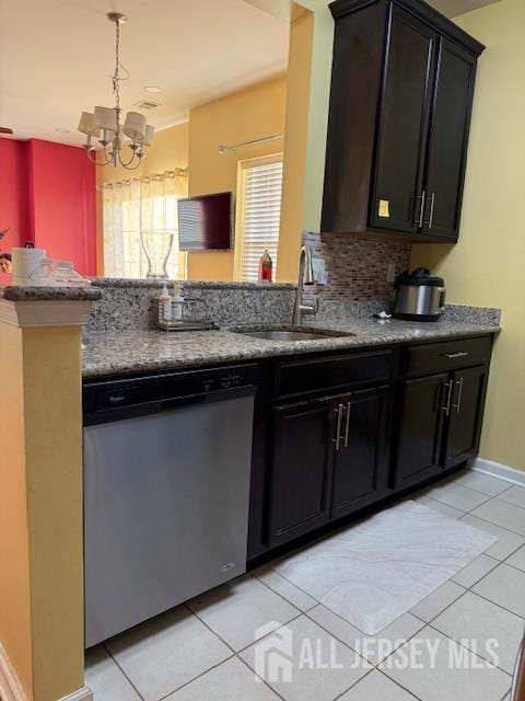 437 NE Micali Way S, Plainfield, NJ 07080 - kitchen featuring dishwasher, light tile patterned flooring, a chandelier, and light stone counters