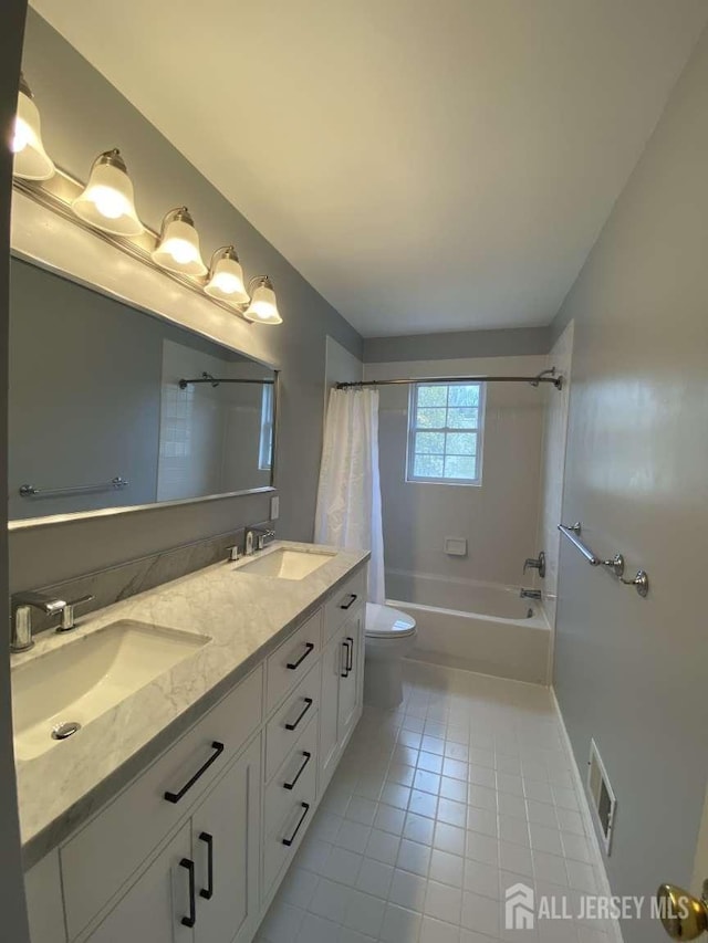 57 Yorktown Rd, South Brunswick, NJ 08852 - bathroom featuring tile patterned flooring, shower / bath combination with curtain, and double vanity
