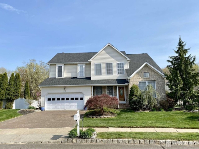 57 Yorktown Rd, South Brunswick, NJ 08852 - traditional home featuring an attached garage, a front yard, decorative driveway, and brick siding