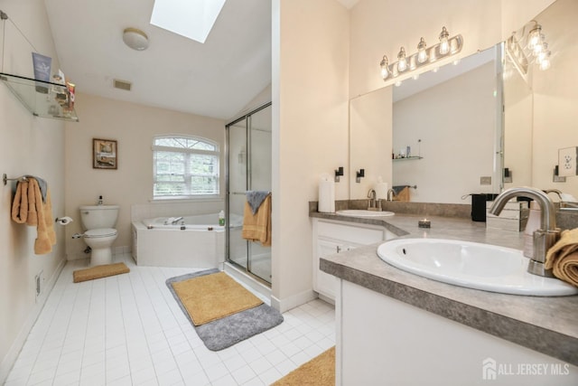 4 Linda Ct, Old Bridge, NJ 08879 - full bathroom with a skylight, a bath, a shower stall, double vanity, and tile patterned flooring
