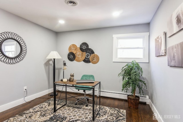 home office featuring visible vents, baseboards, and wood finished floors