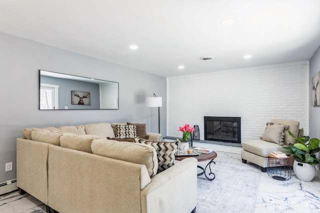 living area with visible vents, marble finish floor, a fireplace, recessed lighting, and a baseboard heating unit