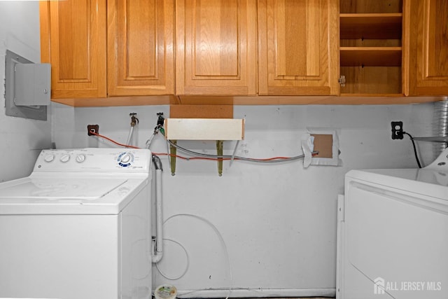 washroom featuring washer hookup, electric panel, and cabinets