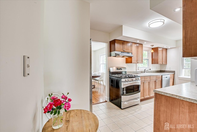 61 Thomas St, Metuchen, NJ 08840 - kitchen with stainless steel appliances, under cabinet range hood, a sink, light tile patterned floors, and light countertops