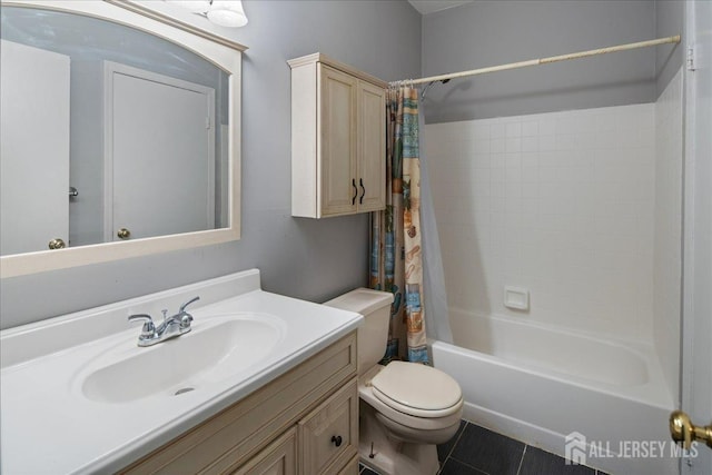 5151 Beech Ct, South Brunswick, NJ 08852 - full bathroom featuring toilet, vanity, shower / bath combo, and tile patterned floors