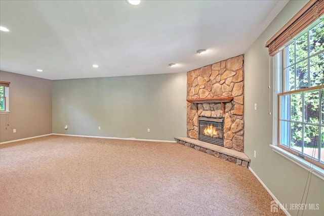 7 Mill Rd, Jamesburg, NJ 08831 - unfurnished living room featuring carpet floors, recessed lighting, baseboards, and a fireplace