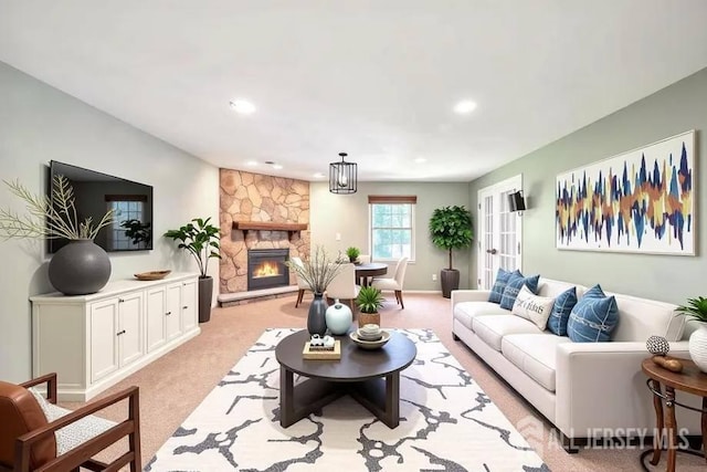 7 Mill Rd, Jamesburg, NJ 08831 - living room featuring light colored carpet, a fireplace, and recessed lighting