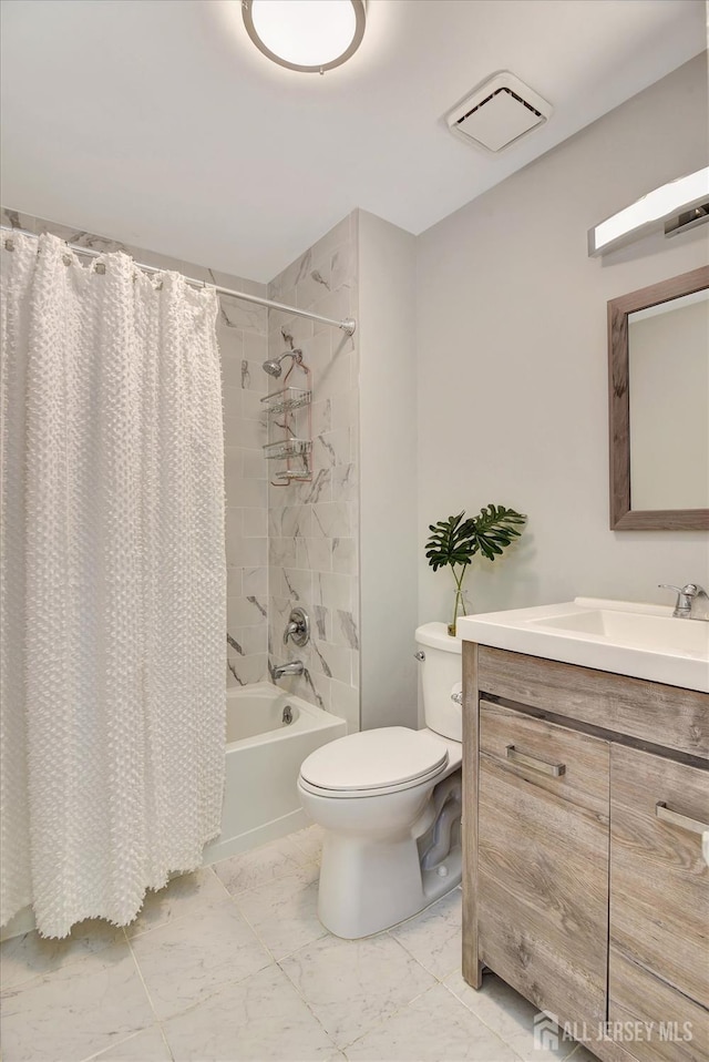 full bath with visible vents, toilet, marble finish floor, shower / tub combo with curtain, and vanity