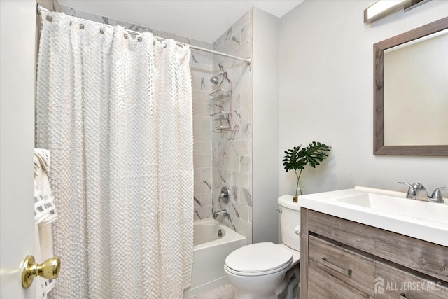 bathroom with vanity, toilet, and shower / tub combo with curtain