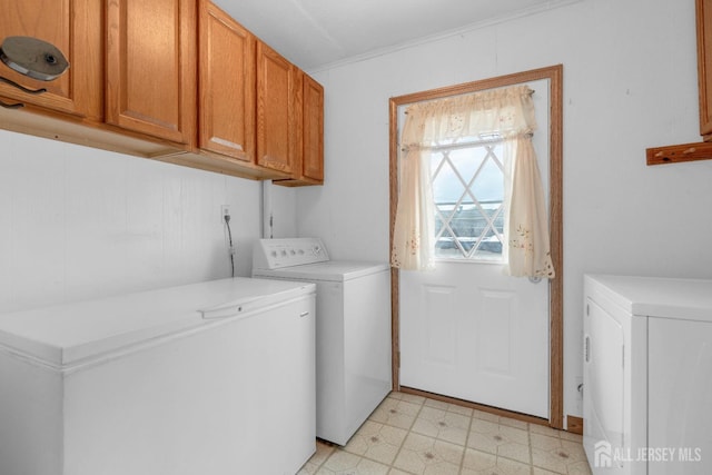 49 Charles Ter, Piscataway, NJ 08854 - laundry area with washing machine and dryer, light floors, cabinet space, and crown molding