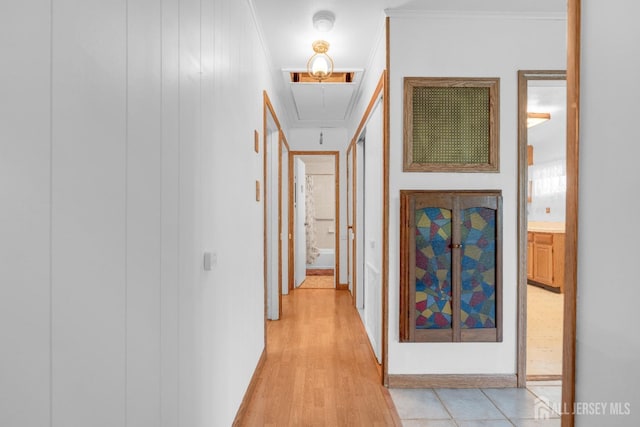 49 Charles Ter, Piscataway, NJ 08854 - hall featuring attic access, ornamental molding, and light wood-style floors