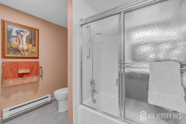 539 Old Nassau Rd Unit B, Monroe, NJ 08831 - full bathroom with a baseboard heating unit, toilet, combined bath / shower with glass door, and marble look tiles