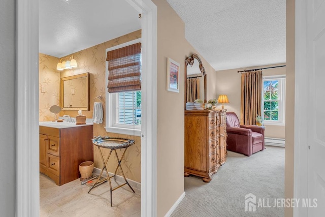 539 Old Nassau Rd Unit B, Monroe, NJ 08831 - bathroom featuring a textured ceiling, baseboard heating, healthy amount of natural light, vanity, and baseboards