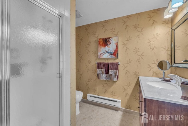 539 Old Nassau Rd Unit B, Monroe, NJ 08831 - bathroom with a baseboard radiator, wallpapered walls, toilet, a shower stall, and vanity