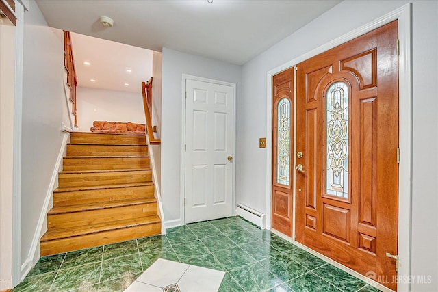 878 Beatrice Pkwy, Edison, NJ 08820 - entrance foyer featuring a baseboard heating unit, stairway, baseboards, recessed lighting, and dark tile patterned flooring