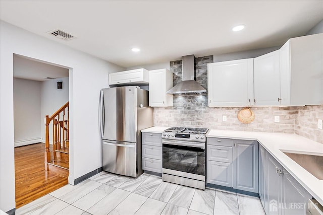 878 Beatrice Pkwy, Edison, NJ 08820 - kitchen with appliances with stainless steel finishes, wall chimney exhaust hood, a baseboard heating unit, light countertops, and decorative backsplash
