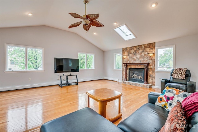 878 Beatrice Pkwy, Edison, NJ 08820 - living area with a ceiling fan, a baseboard heating unit, vaulted ceiling, light wood-style flooring, and a skylight