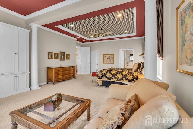 living room with crown molding, carpet, and ornate columns