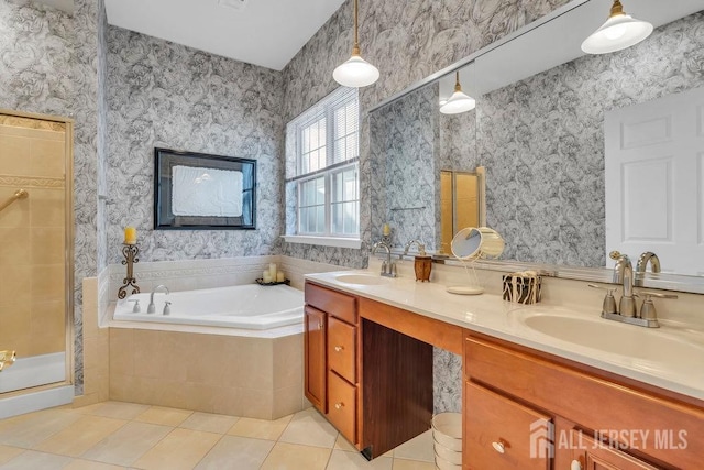 bathroom with vanity, separate shower and tub, and tile patterned floors