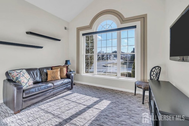 carpeted living room with vaulted ceiling