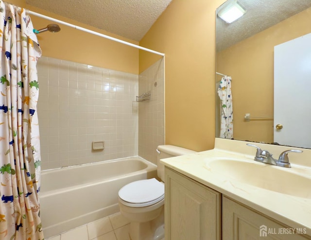 67 Nova Dr, Piscataway, NJ 08854 - bathroom with toilet, shower / bath combination with curtain, a textured ceiling, tile patterned flooring, and vanity