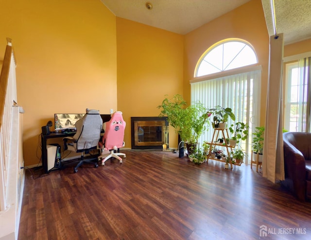 67 Nova Dr, Piscataway, NJ 08854 - office area featuring wood finished floors, a glass covered fireplace, and lofted ceiling