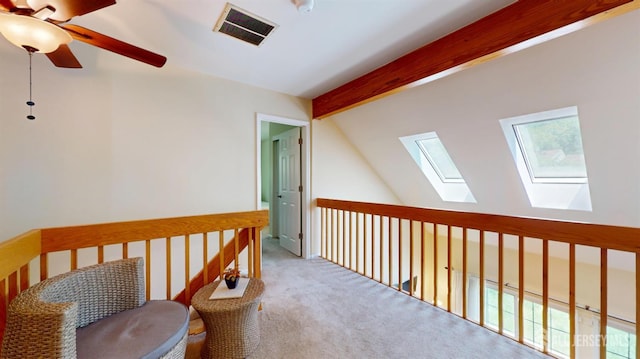 1014 Hemlock Ct, South Brunswick, NJ 08852 - corridor featuring a skylight, carpet, beamed ceiling, and healthy amount of natural light