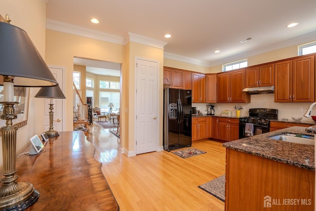 9 Copernicus Ct, East Windsor, NJ 08512 - kitchen with black appliances, healthy amount of natural light, dark stone counters, light wood-style floors, and recessed lighting