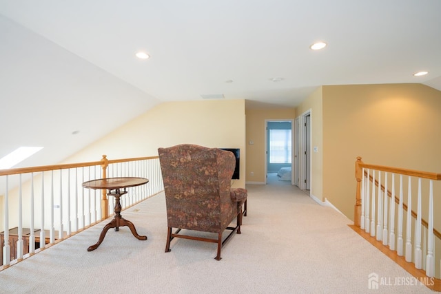 9 Copernicus Ct, East Windsor, NJ 08512 - sitting room featuring vaulted ceiling, an upstairs landing, recessed lighting, and light carpet