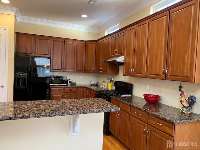 9 Copernicus Ct, East Windsor, NJ 08512 - kitchen with black appliances, under cabinet range hood, backsplash, light wood finished floors, and ornamental molding