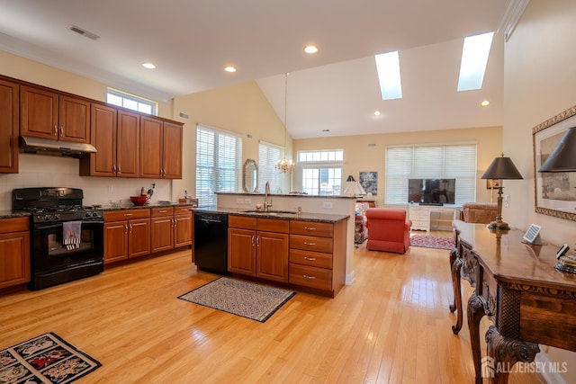 9 Copernicus Ct, East Windsor, NJ 08512 - kitchen with black appliances, light wood-type flooring, a skylight, under cabinet range hood, and high vaulted ceiling