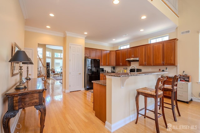 9 Copernicus Ct, East Windsor, NJ 08512 - kitchen with dark stone countertops, a kitchen bar, black fridge, crown molding, and light wood-style flooring