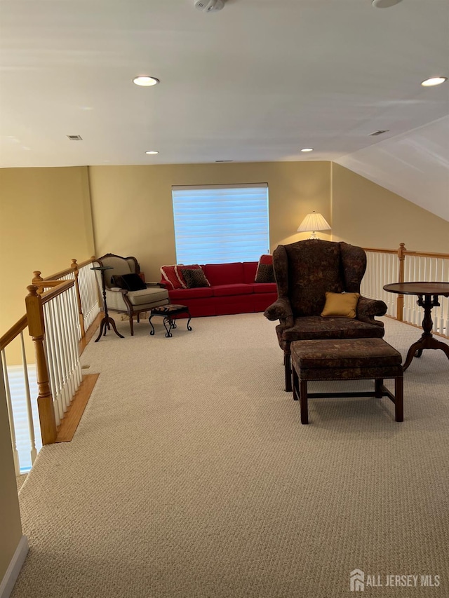 9 Copernicus Ct, East Windsor, NJ 08512 - living area featuring light colored carpet, lofted ceiling, and recessed lighting