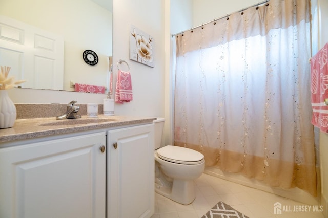 full bathroom with vanity, tile patterned flooring, toilet, and a shower with curtain