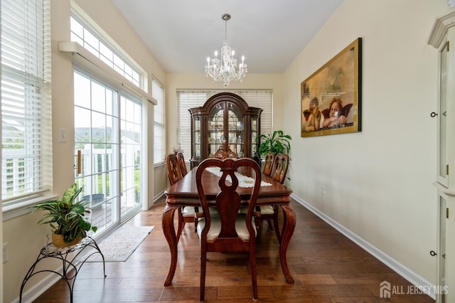 dining space with a chandelier, plenty of natural light, baseboards, and hardwood / wood-style floors