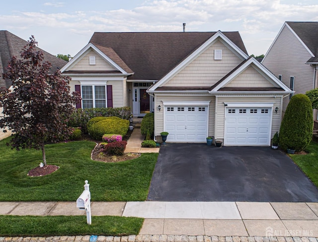 traditional-style home with asphalt driveway, a garage, and a front lawn