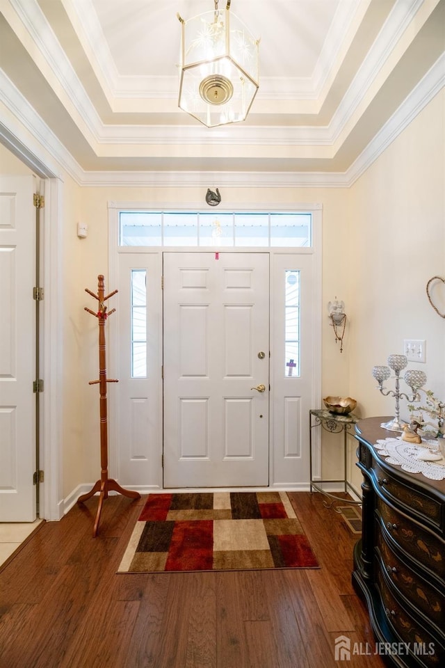 foyer with dark wood-type flooring, healthy amount of natural light, a raised ceiling, and ornamental molding