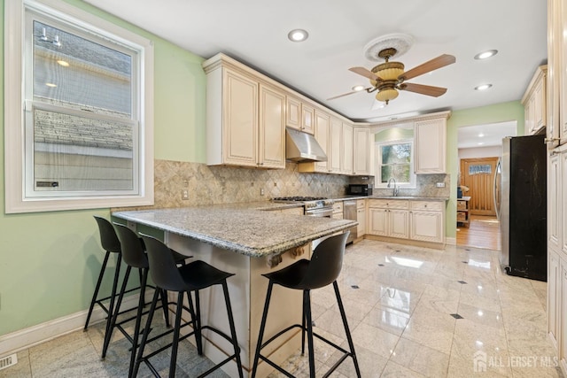 kitchen featuring under cabinet range hood, stainless steel appliances, a peninsula, a kitchen breakfast bar, and decorative backsplash